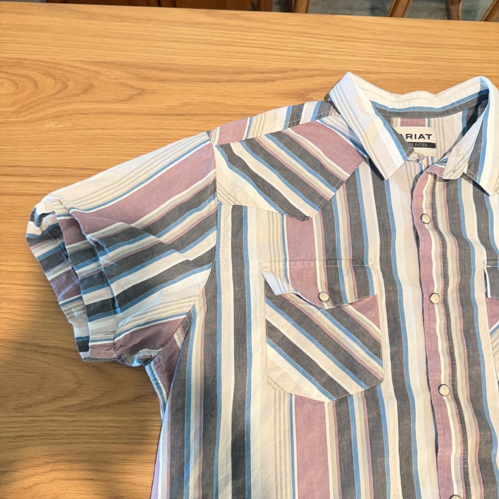 Ariat Men XL Retro Fitted Western Pearl Snap Shirt Short Sleeve Striped Multi - Picture 2 of 11